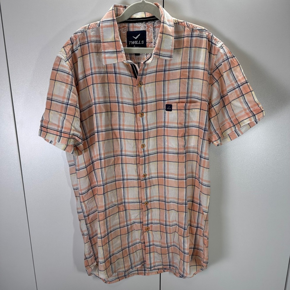 Twill Linen Plaid Peach Orange‎ Button Down Short Sleeve Shirt Mens Medium